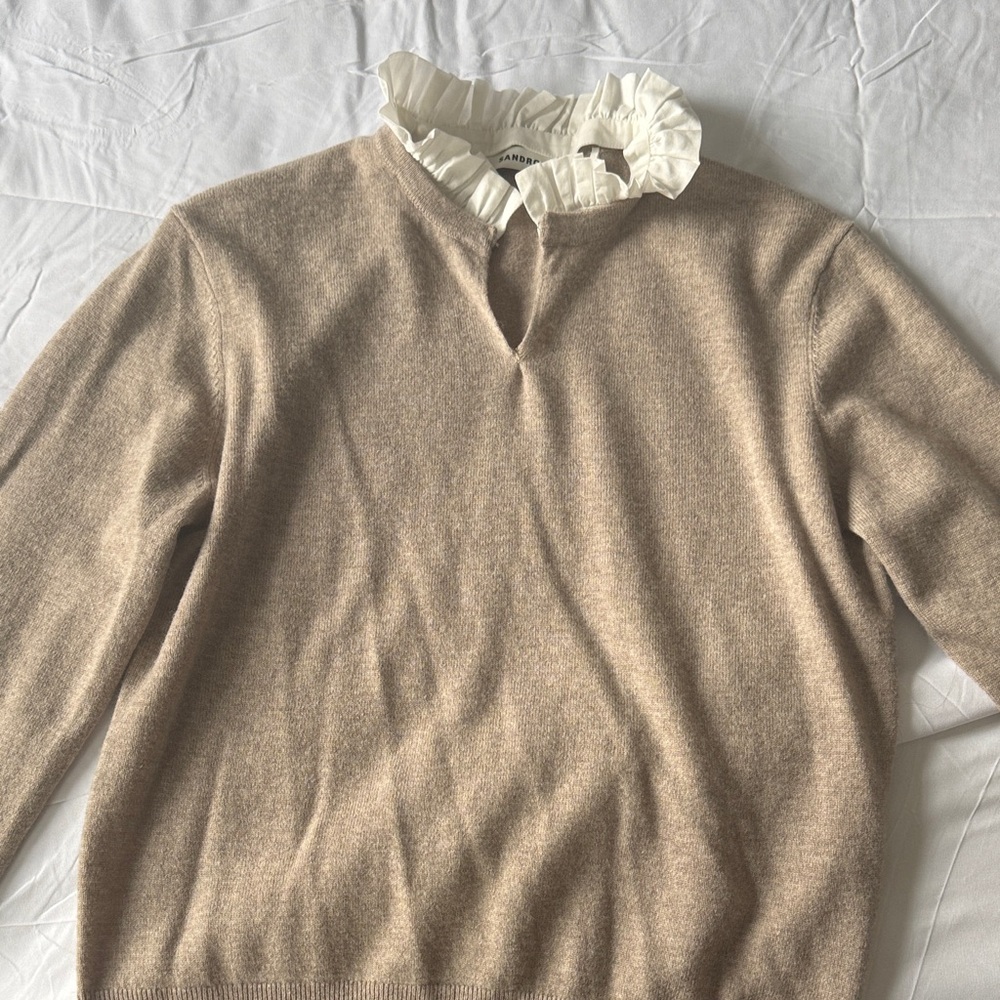 Sandro Beige Knit with White Ruffle Trim